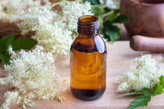 Homemade meadowsweet tincture with fresh blooming plant