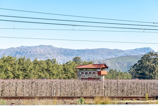 An historic blockhouse from the Anglo Boer War, in a vineyard, at the railway bridge over the Breede River at Wolseley in the Western Cape Province