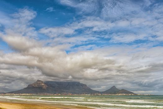 The Cape Town Central Business District and Table Mountain as seen across Table Bay from Dolphin Beach