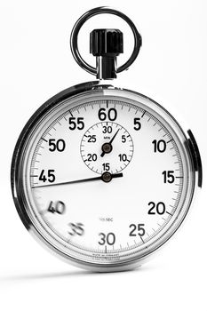 Silver analog stopwatch with motion on the dial isolated on white