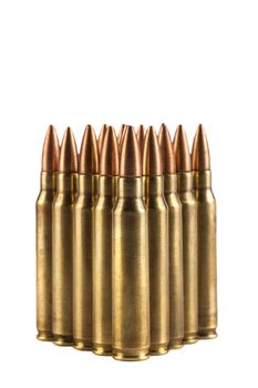 Rifle bullets close-up isolated on white background