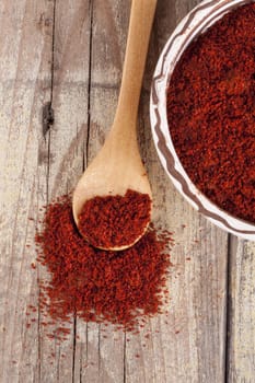 Red paprika in a ceramic bowl with brown wood spoon on old wood table