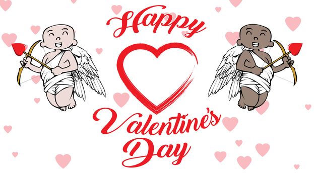 african-american and white cupids with Valentines Day logo and hearts