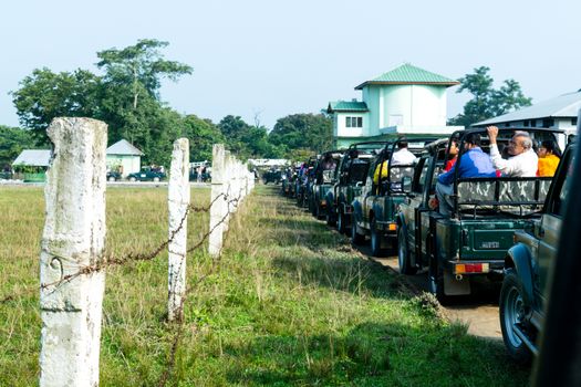 Kajiranga National Park, Assam, India, Asia, May 6, 2018: Tourist cars lined up outside Kaziranga National Park on a busy holiday vacation time.