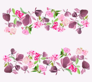 Beauty Background with Watercolor Spring Flower magnolia, pink cherry and apple tree blossom illustration