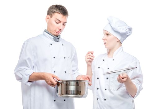 emotions of cooks in relation to foul soup in a pan, a portrait on a white background