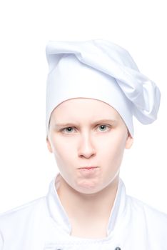 Portrait of chef cook in hat close up on white background