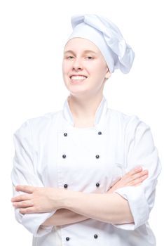 confident woman chef in uniform portrait isolated on white background