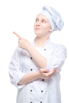 woman cook shows a finger on a white background