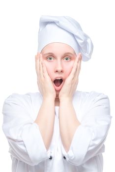 portrait of a shocked cook on white background isolated