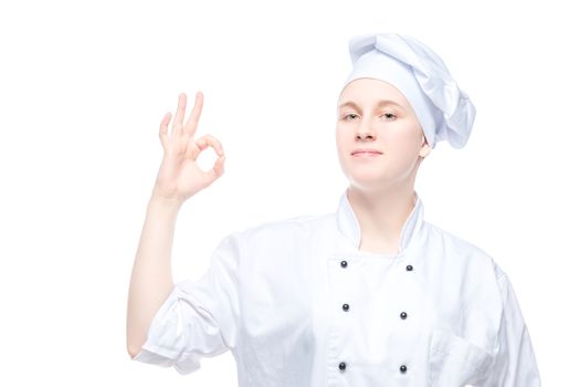 female chef showing hand gesture, satisfied portrait on white background