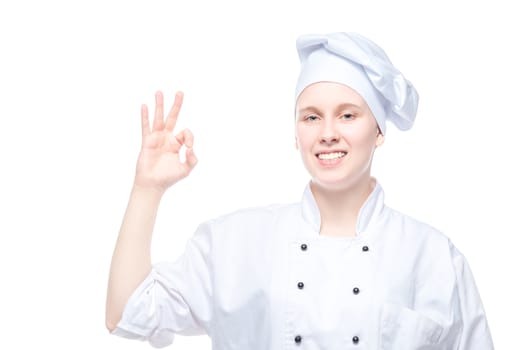 chef gesticulating on white background, all ok gesture in isolation
