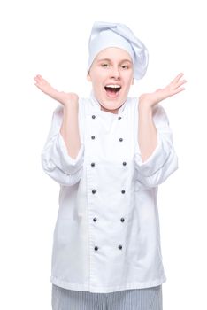 emotional chef in suit rejoices in victory, portrait on white background