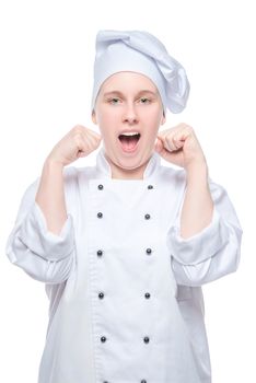 happy successful chef in suit rejoices in victory, portrait on white background
