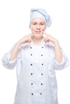 female chef shooting on white background, gesturing with hands