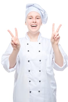 happy woman chef shooting on white background, gesturing with hands