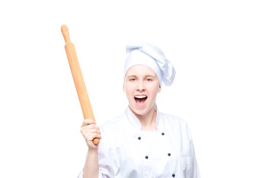 mad chef with rolling pin posing on white background, portrait isolated