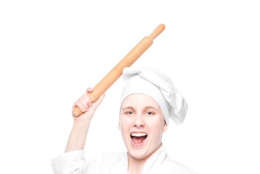 crazy cook with a rolling pin swings on white background, portrait isolated