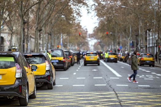 Taxi drivers strike in Barcelona. The main street of the city, blocked by taxi cars.