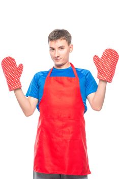 man in apron and mittens for hot on white background is insulated