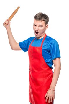 angry man in apron with rolling pin, portrait isolated on white background