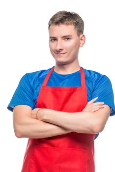 happy portrait of a man in a red apron on white background