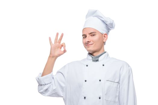 successful chef with hand gesture, portrait on white background isolated