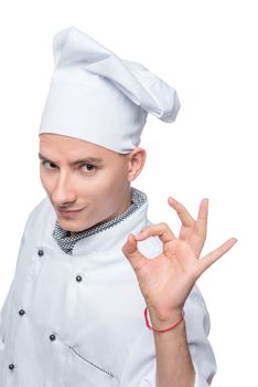 cook hand gesture on white background, vertical isolated portrait