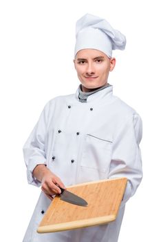 professional cook with cutting board and knife, portrait on white background isolated