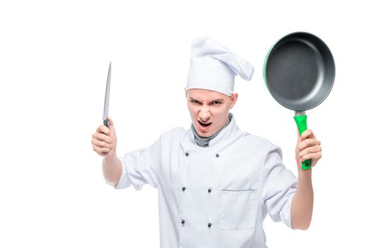 angry mad cook with knife and griddle on white background