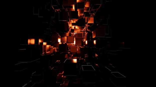 Abstract background consisting of dark cubes and bright red flashes. Visual high detail. The concept of new technologies, virtual space, the future. 3d illustration