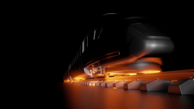 Abstract composition of night high-speed train. Dark background and red glow under the wheels of the train. 3d illustration. The concept of modern trains, fast and comfortable transport