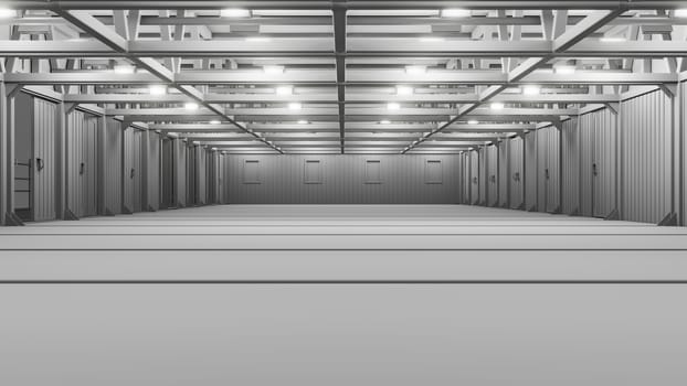 Empty commercial warehouse with bright lamps. 3d illustration