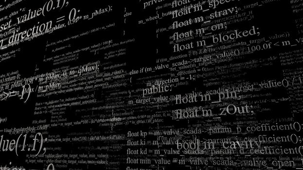 Software source code. Layers of program code on black background. 3d illustration. Technology background