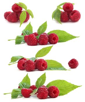 Set of piles of raspberry berries with leaves isolated on white background