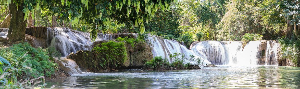 Panorama Waterfall in a forest on the mountain in tropical forest at Waterfall Chet Sao Noi in National park Saraburi province, Thailand