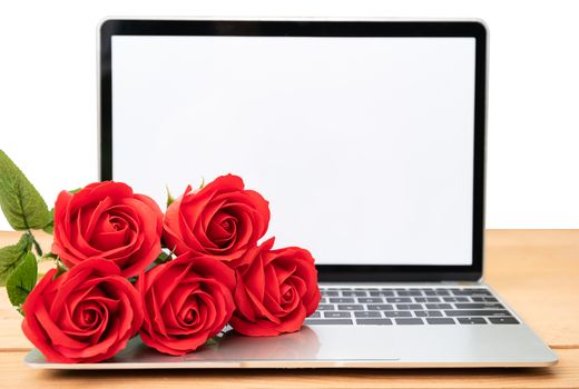 Red rose and laptop mockup on white background, Valentine concept