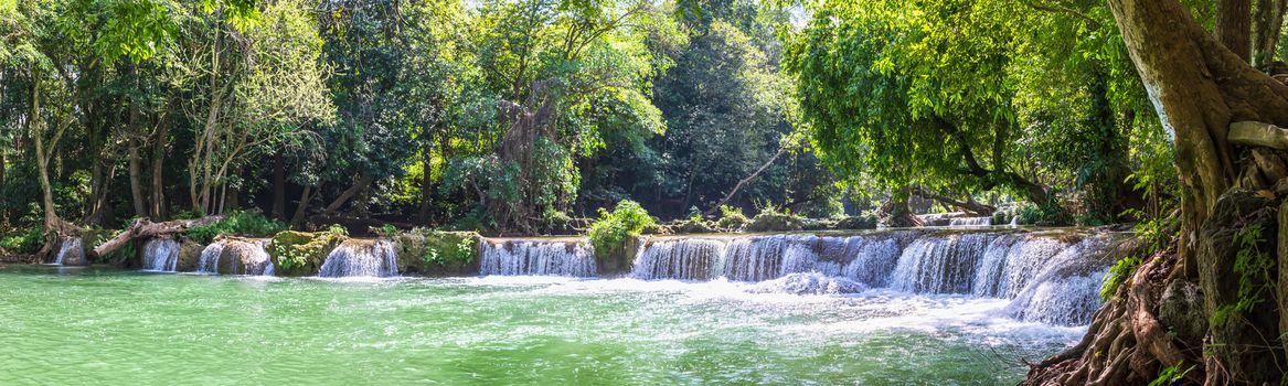 Panorama Waterfall in a forest on the mountain in tropical forest at Waterfall Chet Sao Noi in National park Saraburi province, Thailand