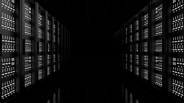 Network workstation servers on dark background. 3d illustration