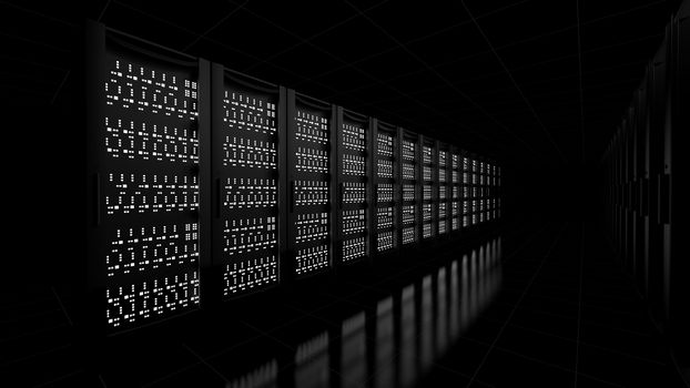 Network workstation servers on dark background. 3d illustration