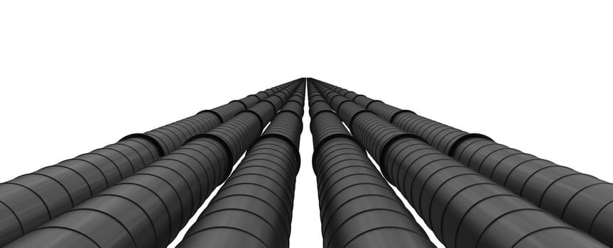 Row of black industrial pipelines isolated on white background. 3d illustration
