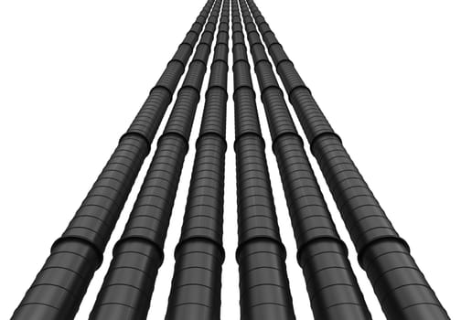 Row of black industrial pipelines isolated on white background. 3d illustration