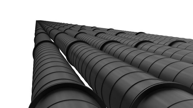 Row of black industrial pipelines isolated on white background. 3d illustration