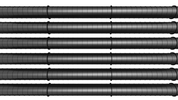 Row of black industrial pipelines isolated on white background. 3d illustration