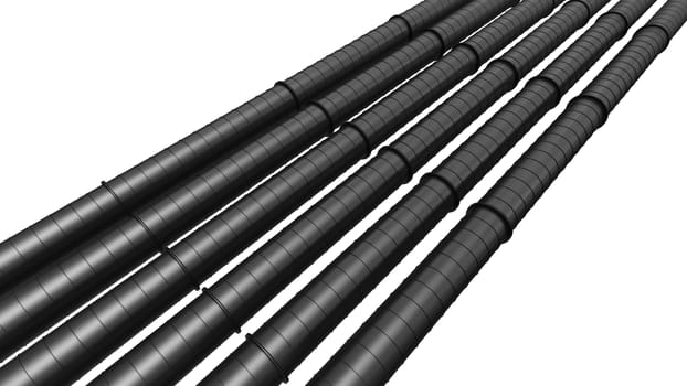 Row of black industrial pipelines isolated on white background. 3d illustration