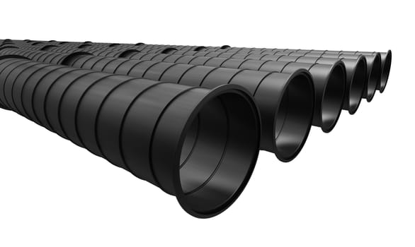 Row of black industrial pipelines isolated on white background. 3d illustration