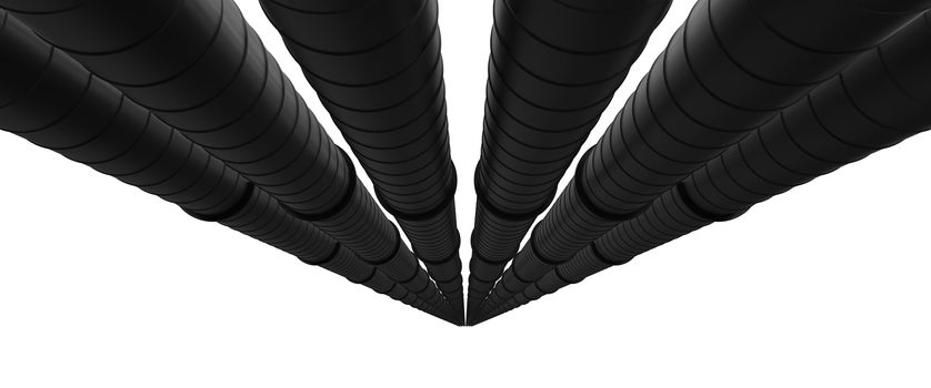 Row of black industrial pipelines isolated on white background. 3d illustration