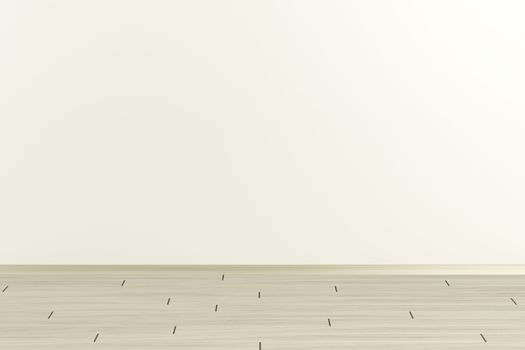 Empty room with beige wall and parquet, front view 