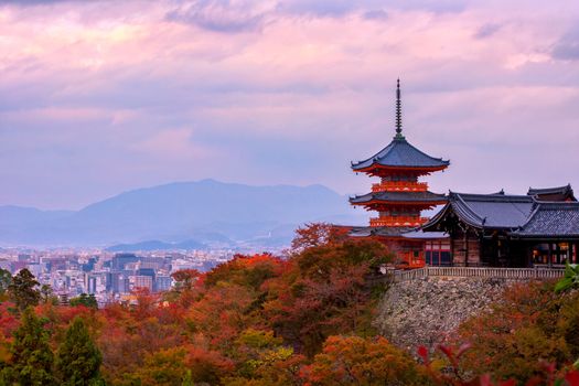 Sunrise over Sanjunoto pagoda and Kiyomizu-dera Temple in the autumn season, Kyoto, Japan