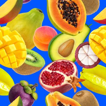 Tropical fruits seamless pattern. Falling exotic fruits isolated on blue background